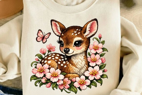 Adorable Baby Deer Embroidery Art PNG