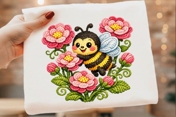 Bee Floral Embroidery Crochet Yarn PNG