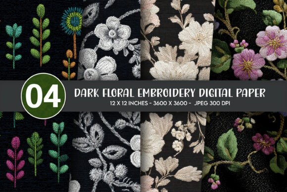 Dark Floral Embroidery Digital Paper