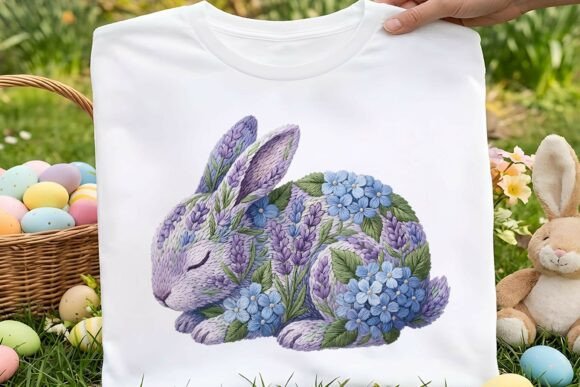 Floral Bunny Easter Faux Embroidery PNG
